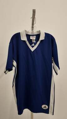 Vintage Adidas 90s Embroidered V-Neck Soccer Jersey - Navy Blue & White - Medium